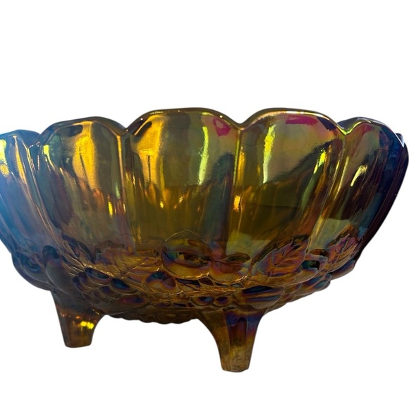 Vintage Indiana Amber Carnival Glass Footed Bowl - Fruit Pattern - Picture 6 of 10